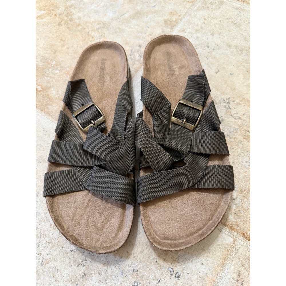 Northside Womens 8 Jillian Brown Woven‎ Strap Buckle Slide Sandals Cork Footbed